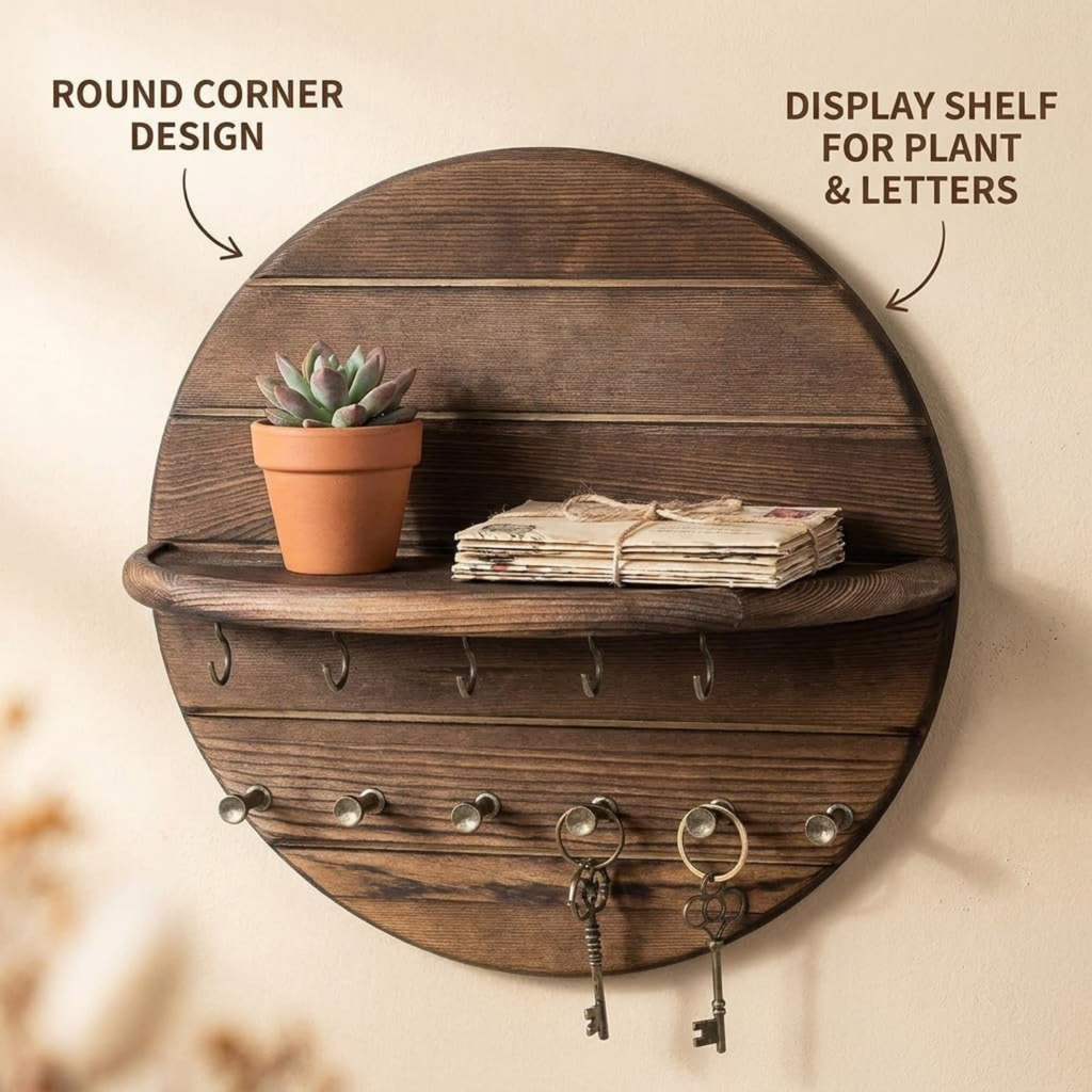 4PCS Key Holder Wall Mount Wood with Shelf and Hooks