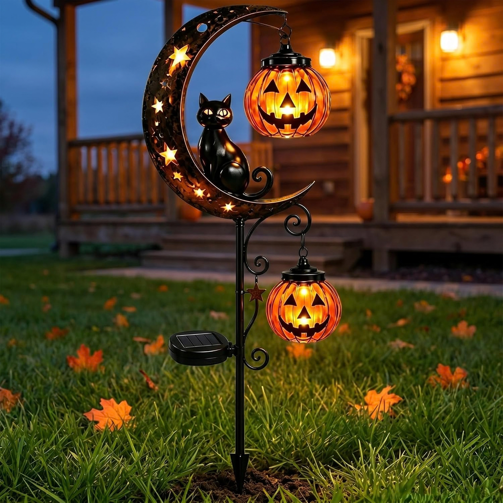 Pumpkin Moon Garden Stake Light, Solar Black Cat Pumpkin Halloween Outdoor Decoration