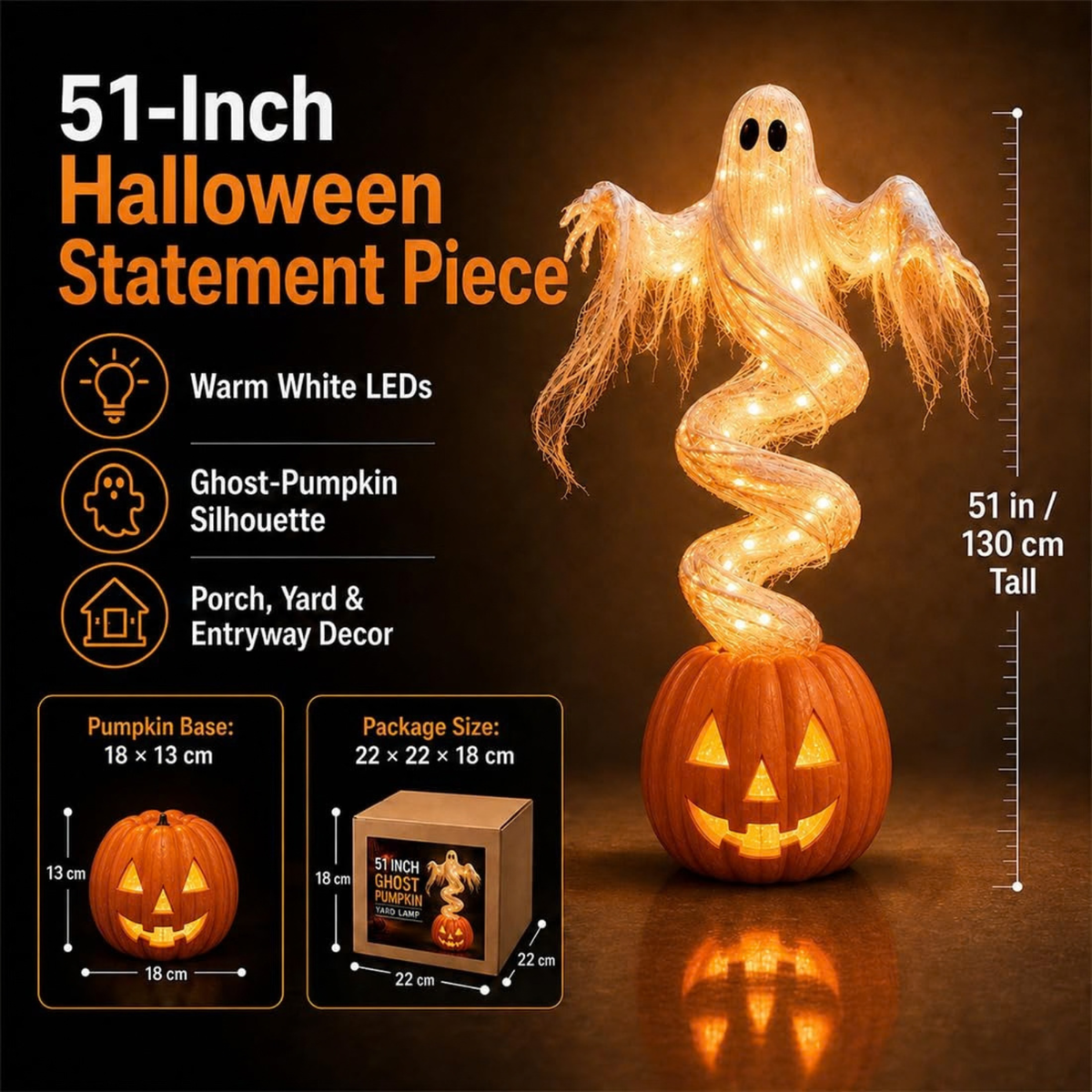 Swirling Ghost Pumpkin Yard Lamp, LED Halloween Ghost Glow Pumpkin Decor