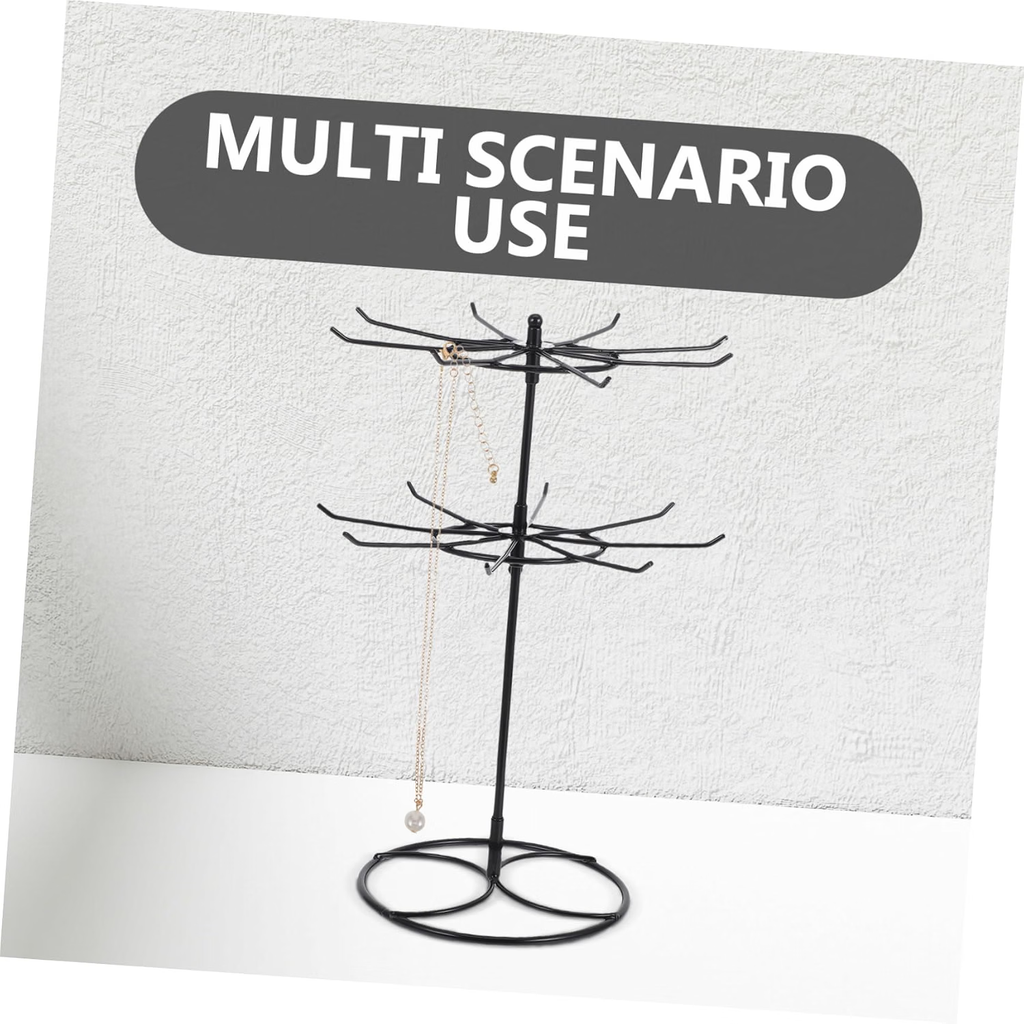 Rotating 2 Tier Necklace Display Stand with Hooks for Glasses Iron Metal Build, Black Finish, Office Desk or Vanity, Space Saving Design for Key Rings and Clutter Free Setup
