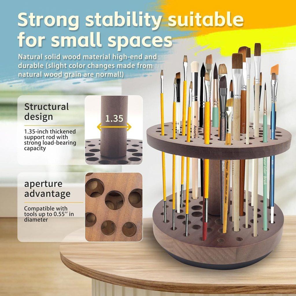 360° Rotating Hardwood Paint Brush Holder, Artist Desktop Storage Organizer