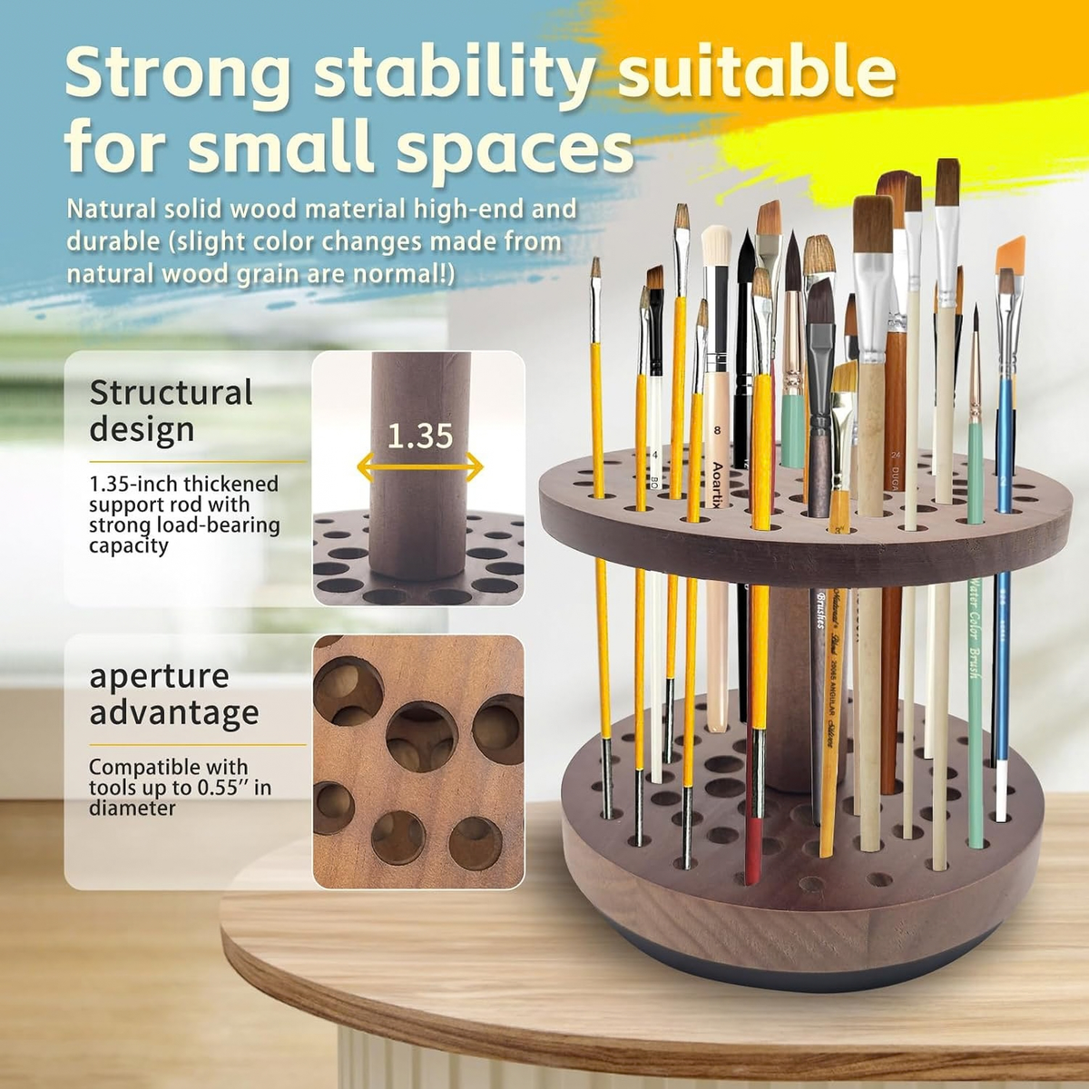 360° Rotating Hardwood Paint Brush Holder, Artist Desktop Storage Organizer