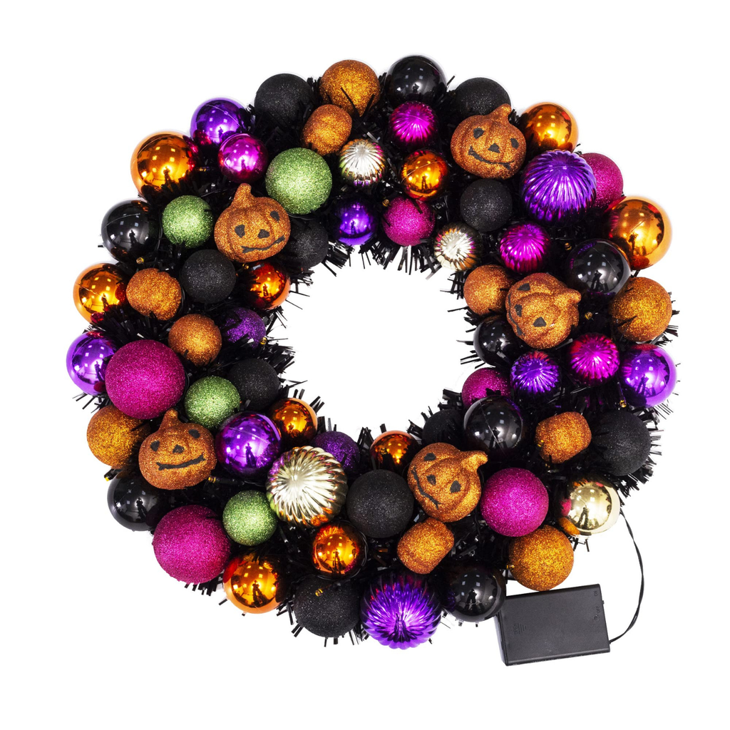 18 Inch Halloween Ball Wreath with Lights and Pumpkin Ornaments