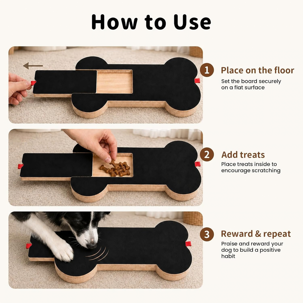 Bone-Shaped Dog Nail Scratch Board with Treat Drawer, Wooden (1 PCS)
