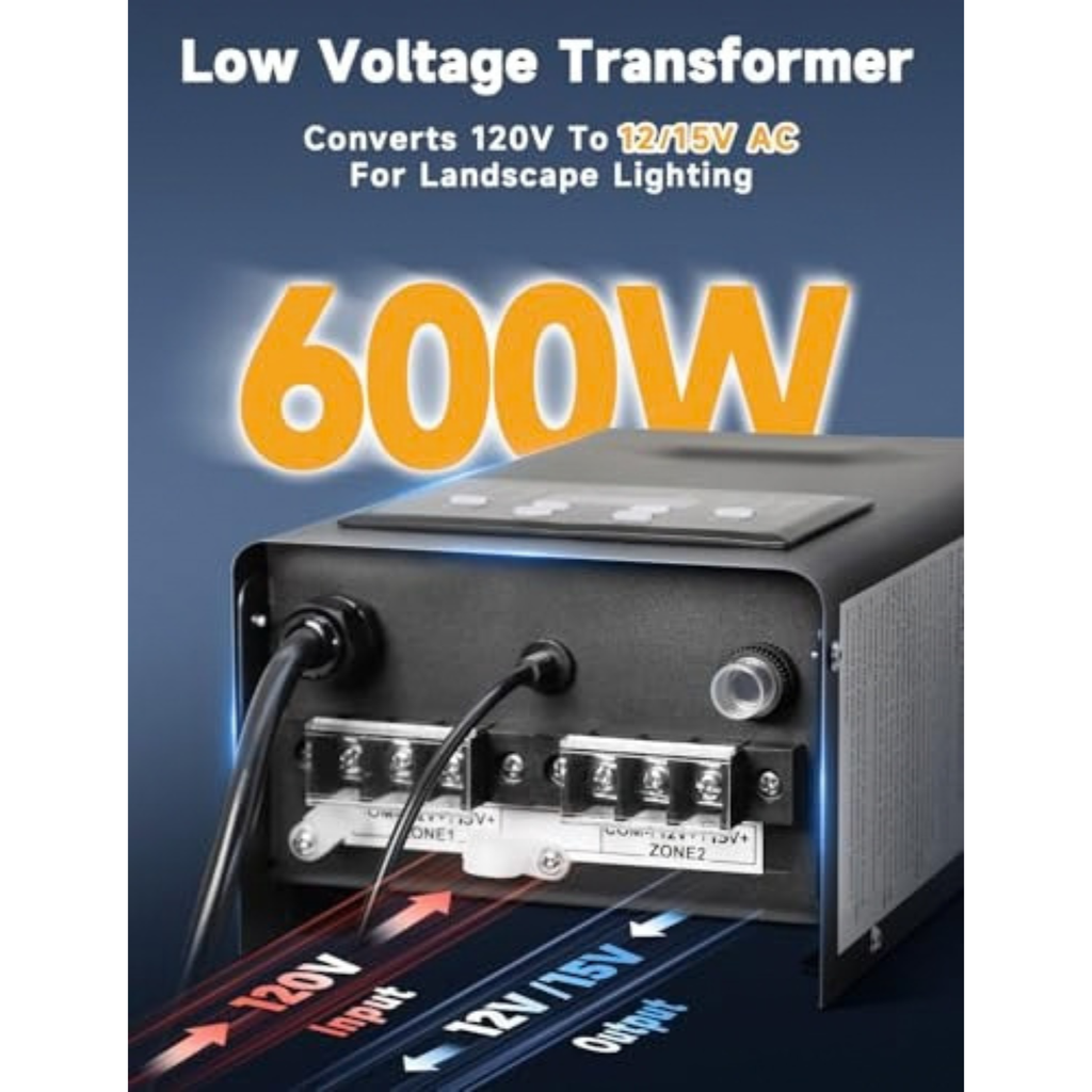 600W Low Voltage Transformer with 2 Zones,Timer & Photocell Sensor