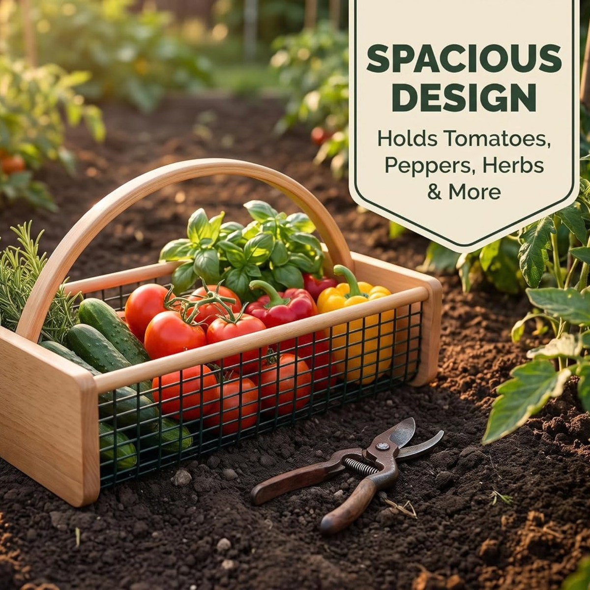 Garden Hod Harvest Basket, Wooden Vegetable Basket with Metal Mesh, Large Capacity