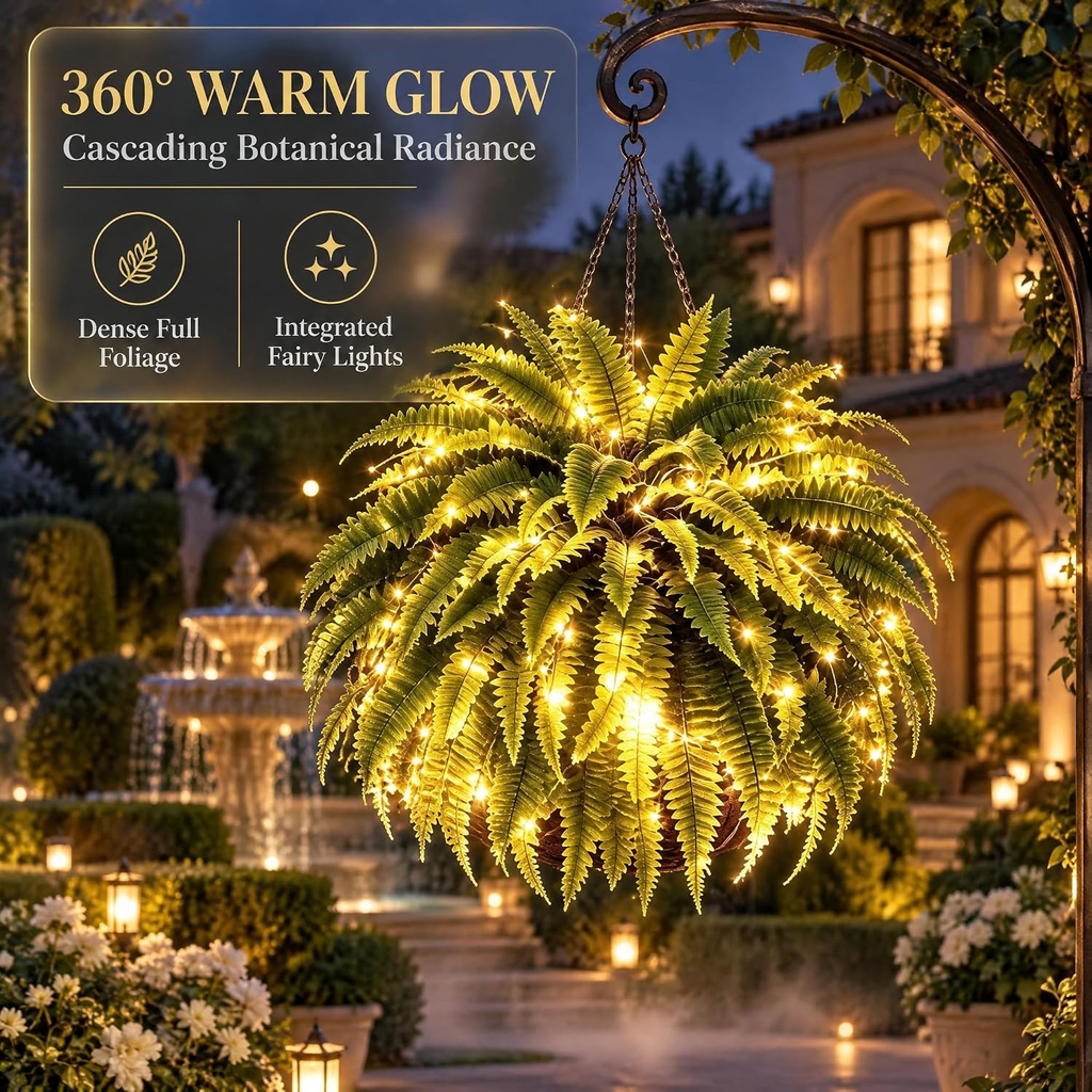 Glowing Boston Ferns with Lights, twinkling tree enchanted evergreen pine