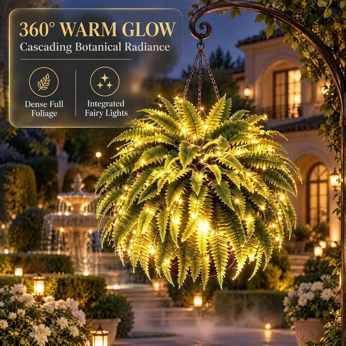 Glowing Boston Ferns with Lights, twinkling tree enchanted evergreen pine