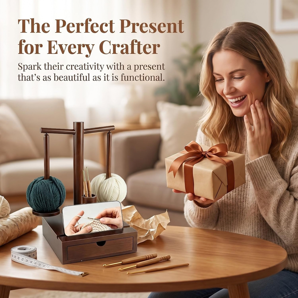 Wooden Yarn Holder with Magnetic Rotating Spinner, 2 Spindles & Storage Box