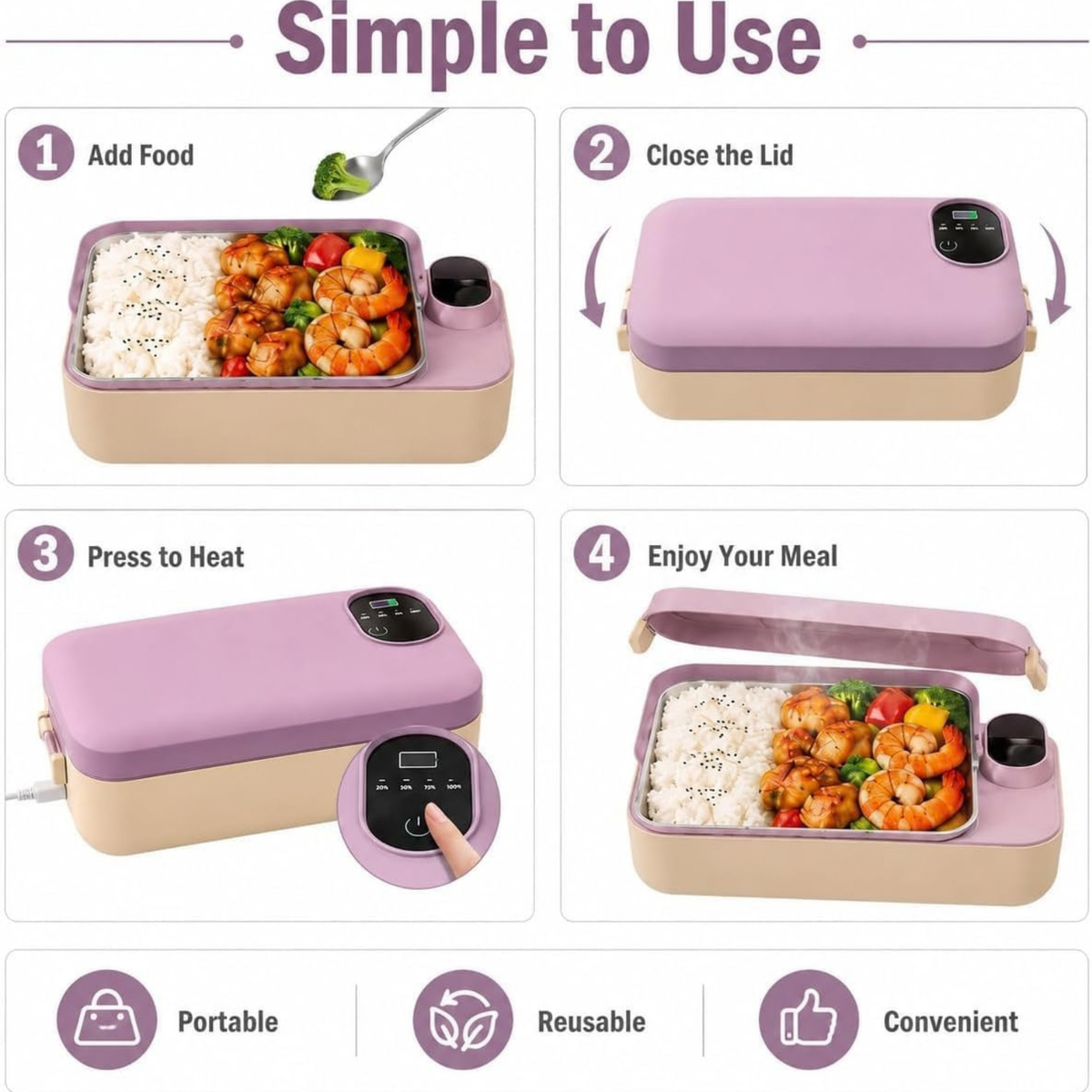 Portable Electric Lunch Box Self-Heating Rechargeable 900ML Stainless Steel for Work Travel