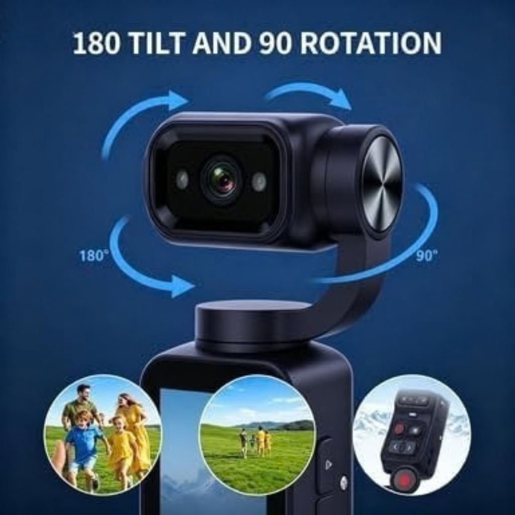 4K Pocket Gimbal Camera with Stabilization, Tracking, Rotatable Lens, Touchscreen