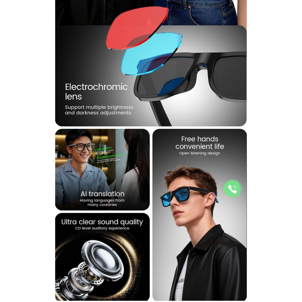 Smart Audio Bluetooth Glasses with AI Translation, Electrochromic Lens and Open-Ear Sound