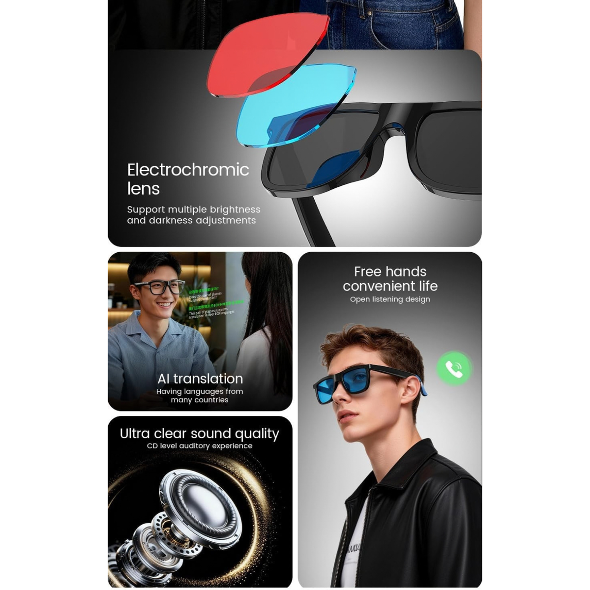 Smart Audio Bluetooth Glasses with AI Translation, Electrochromic Lens and Open-Ear Sound