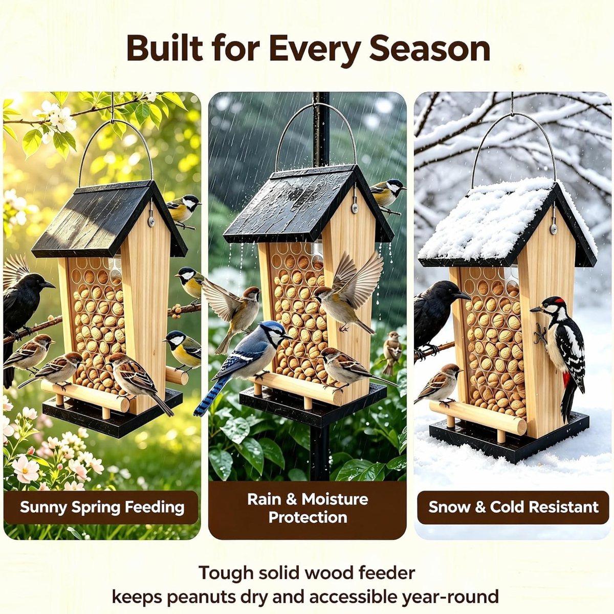 Solid Wood Crow Peanut Feeder, Hanging Outdoor Birds & Squirrels