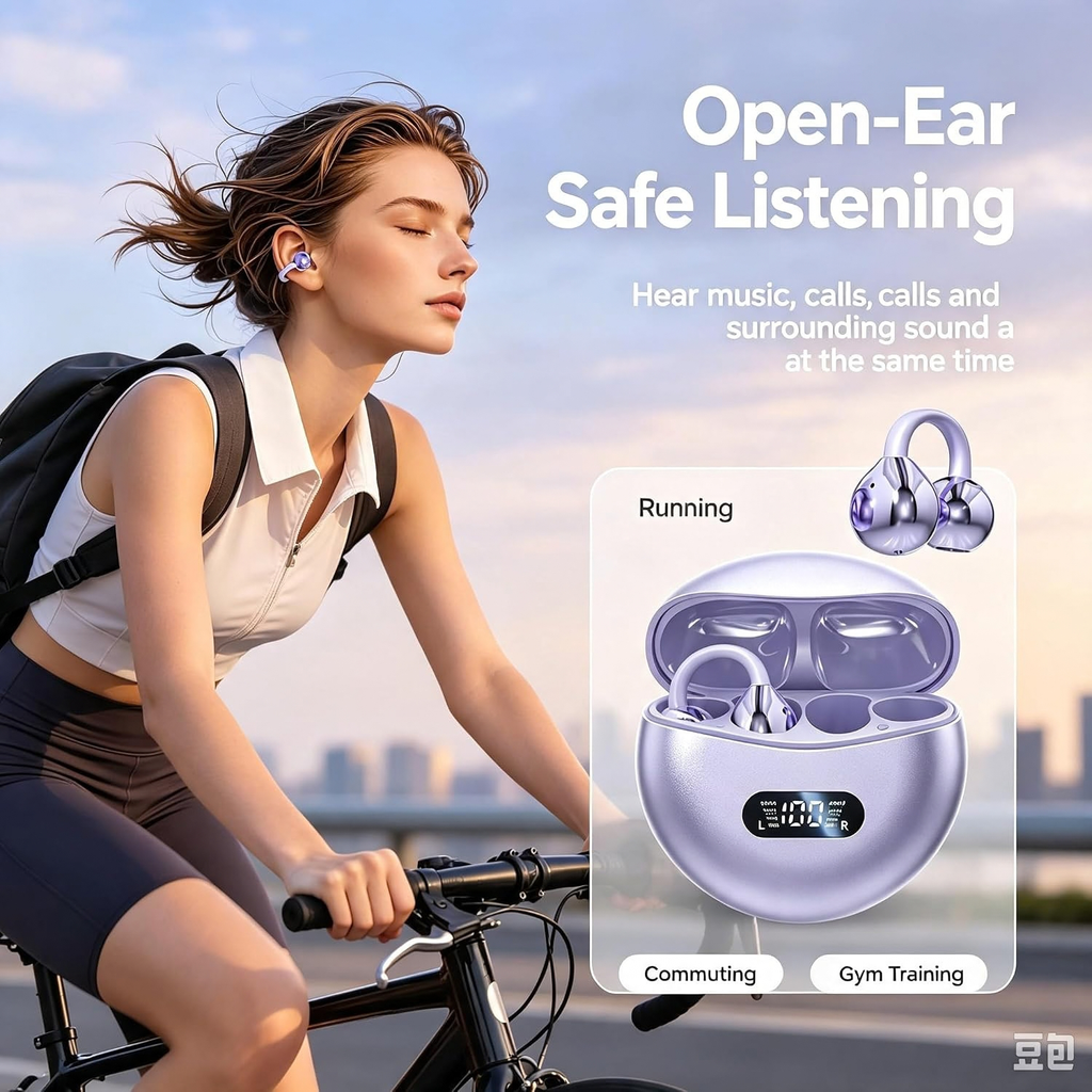 Open Ear Clip On Wireless Earbuds Bluetooth 5.4 Sports Headphones Purple