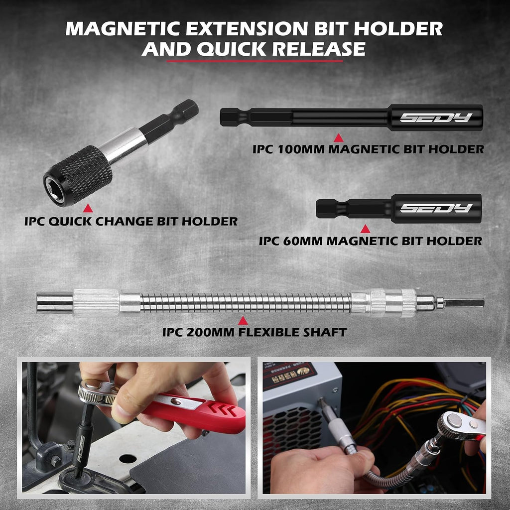 244-Piece Master Screwdriver Bit & Magnetic Nut Driver Set – SAE & Metric Power Drill Bits, Flexible Extension Shaft, Mini Ratchet Wrench, Socket Adapters & Heavy-Duty Red Storage Cases