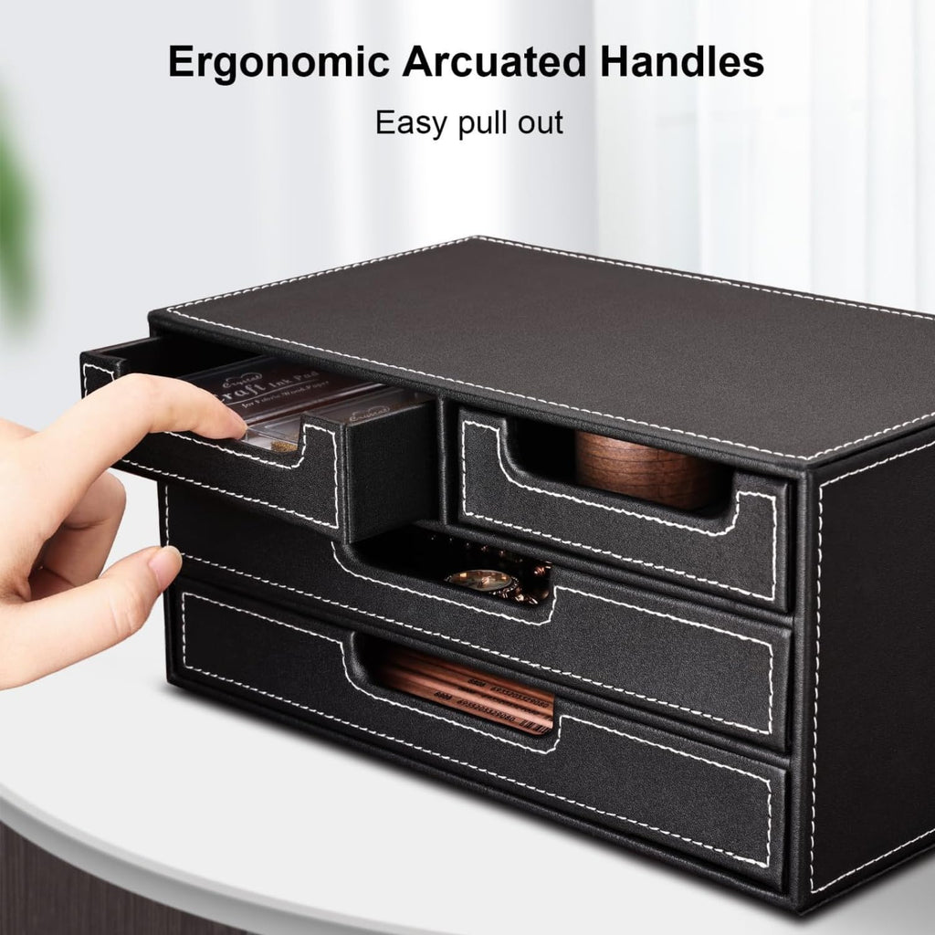4-Drawer Leather Desktop Organizer Box, PU Leather Mini Storage Drawer Case, Office Desk Countertop Organizer Caddy for Stationery, Bills, Jewelry, Crafts, Accessories
