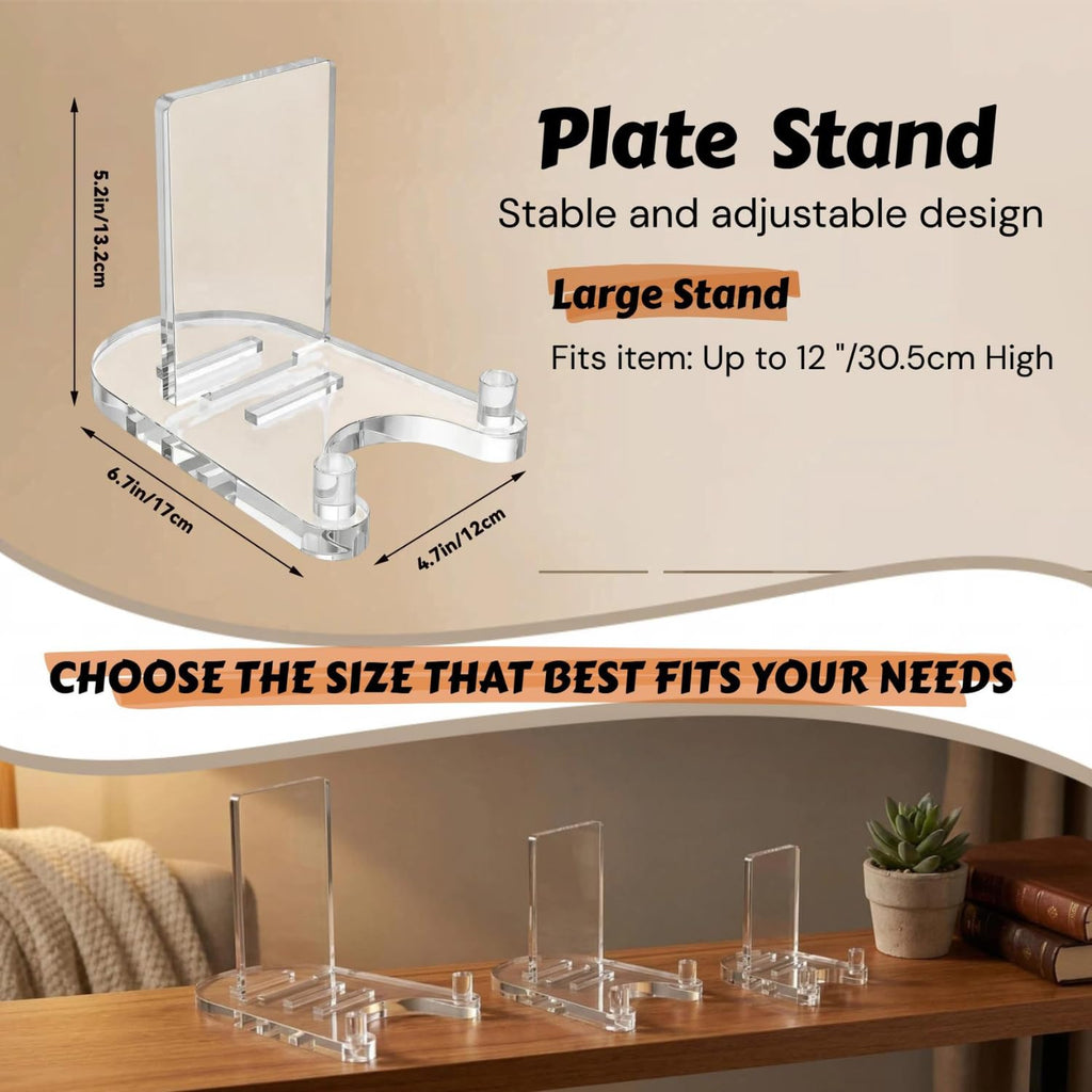 Clear Acrylic Plate Display Stand Holder - Adjustable Heavy Duty Easel Riser for Decorative Dishes Picture Frames Art Canvas Plaques Tabletop Picture Frame Holder Racks for Indoor Home Decor