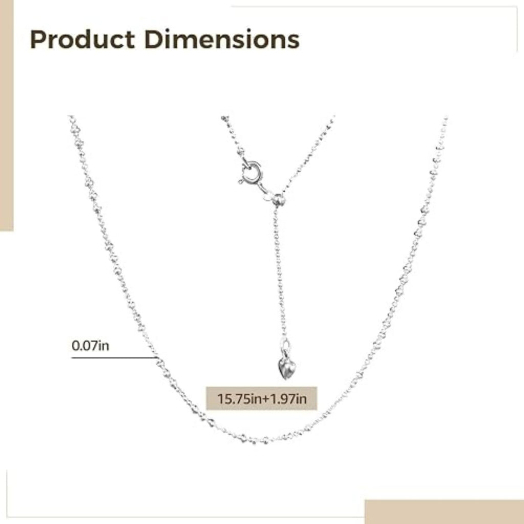 925 Sterling Silver Beaded Chain Necklace for Women – Delicate Car Flower Textured Bead Collar Choker, 15.75"+1.97" Adjustable Extension Chain with Heart Charm Accent for Daily Wear & Gifting