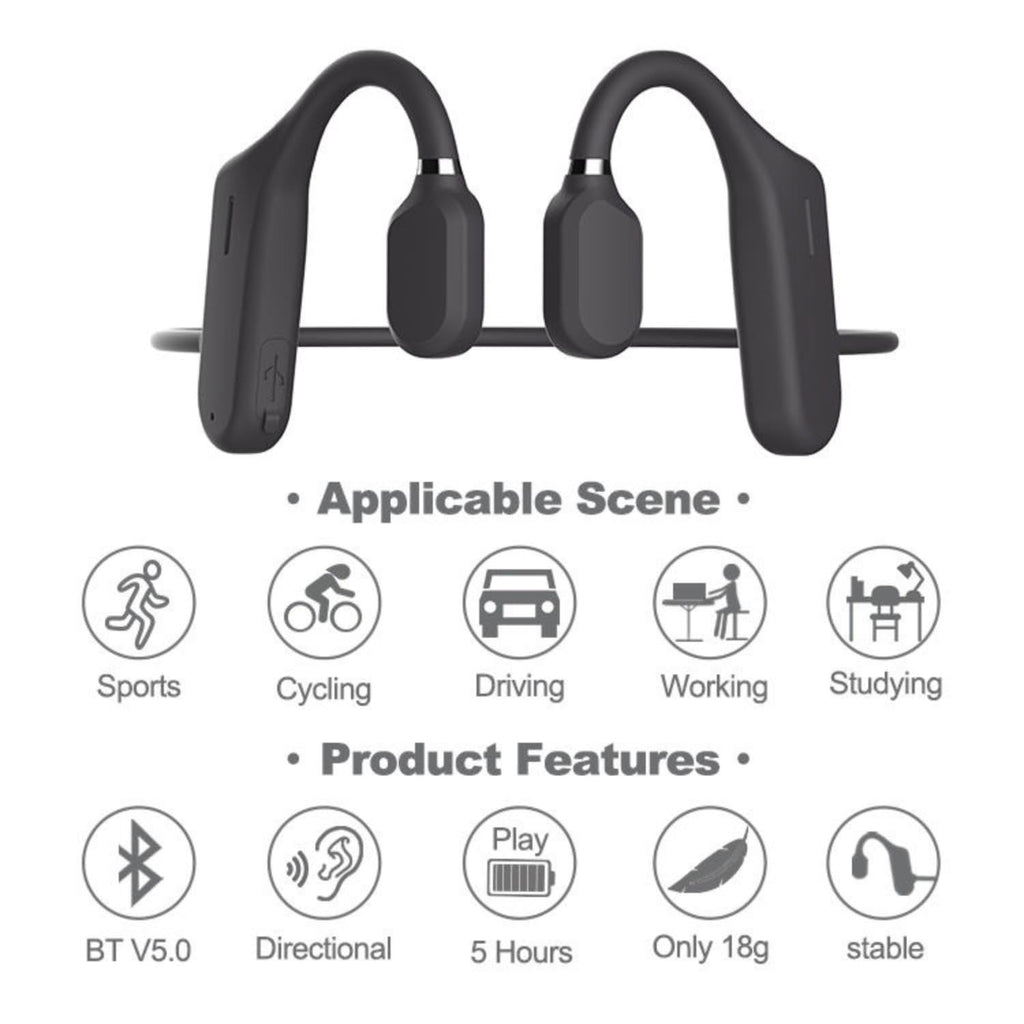 Open-Ear Bone Conduction Headphones – Bluetooth 5.0 Wireless Sports Headset with Built-in Mic, IPX5 Waterproof, Ultra-Lightweight 18g Design & 5-Hour Playtime for Running, Cycling, Driving & Workouts