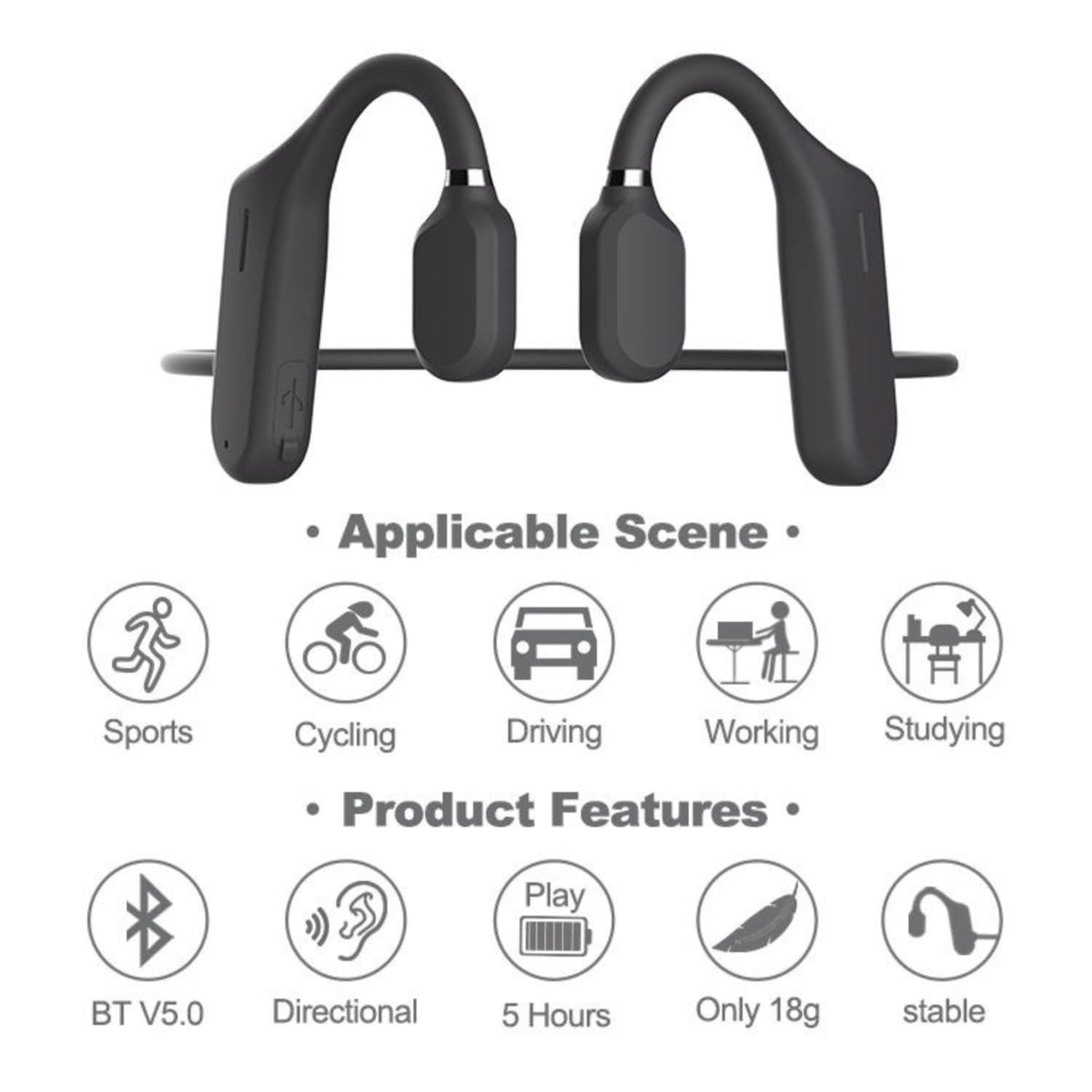 Open-Ear Bone Conduction Headphones – Bluetooth 5.0 Wireless Sports Headset with Built-in Mic, IPX5 Waterproof, Ultra-Lightweight 18g Design & 5-Hour Playtime for Running, Cycling, Driving & Workouts