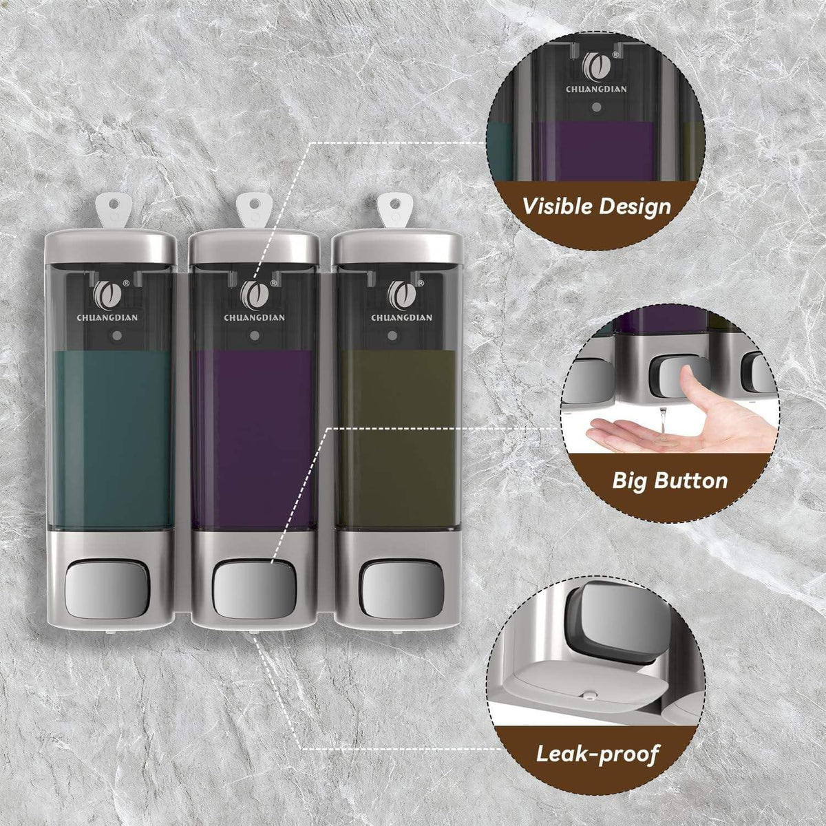 3 Chamber Wall Mount Shower Soap Dispenser, No-Drill Shampoo & Conditioner Dispenser with Lockable Lid