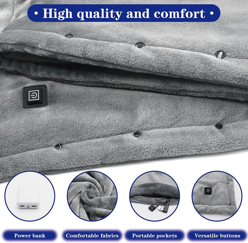Cordless Wearable Heated Blanket, USB Electric Throw Shawl with Power Bank