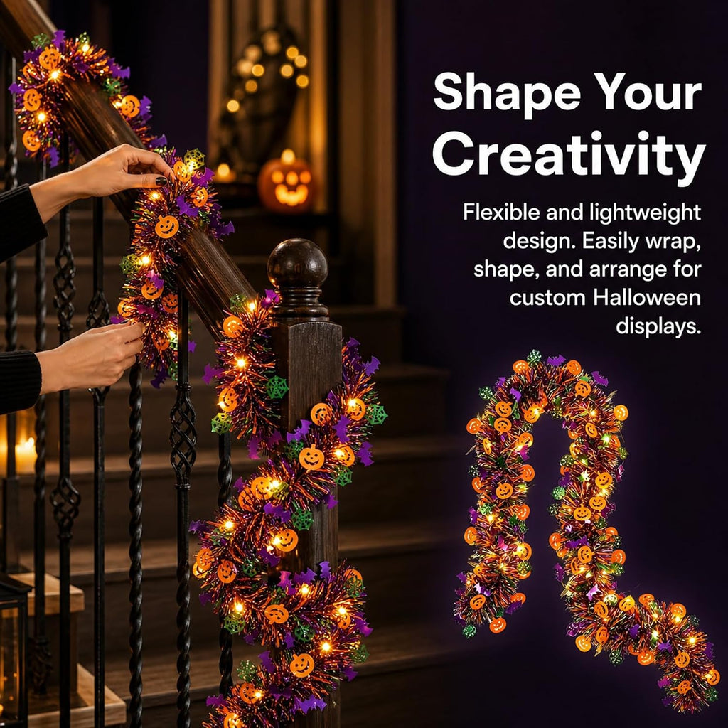 Halloween Garland Metallic Foil Tinsel with Pumpkin Bat Designs (Type 1,5.7M+40LED)