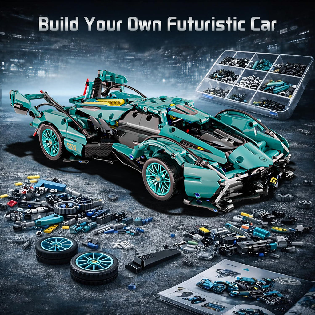 1:14 Blue Race Car Building Blocks, 981-Piece Supercar Model Kit
