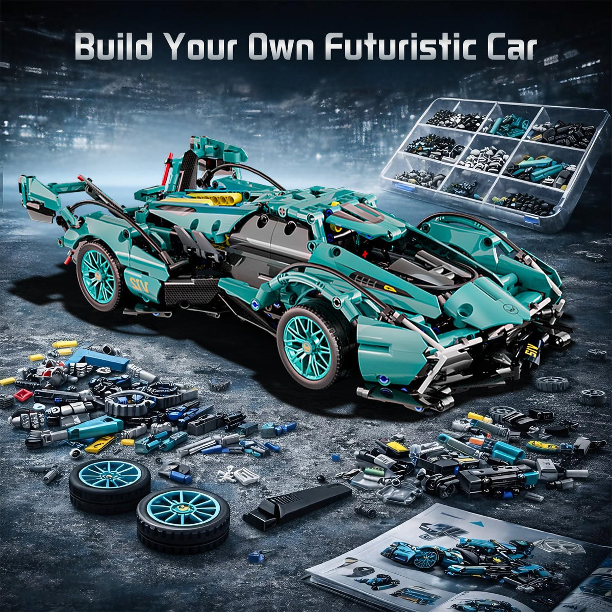 1:14 Blue Race Car Building Blocks, 981-Piece Supercar Model Kit