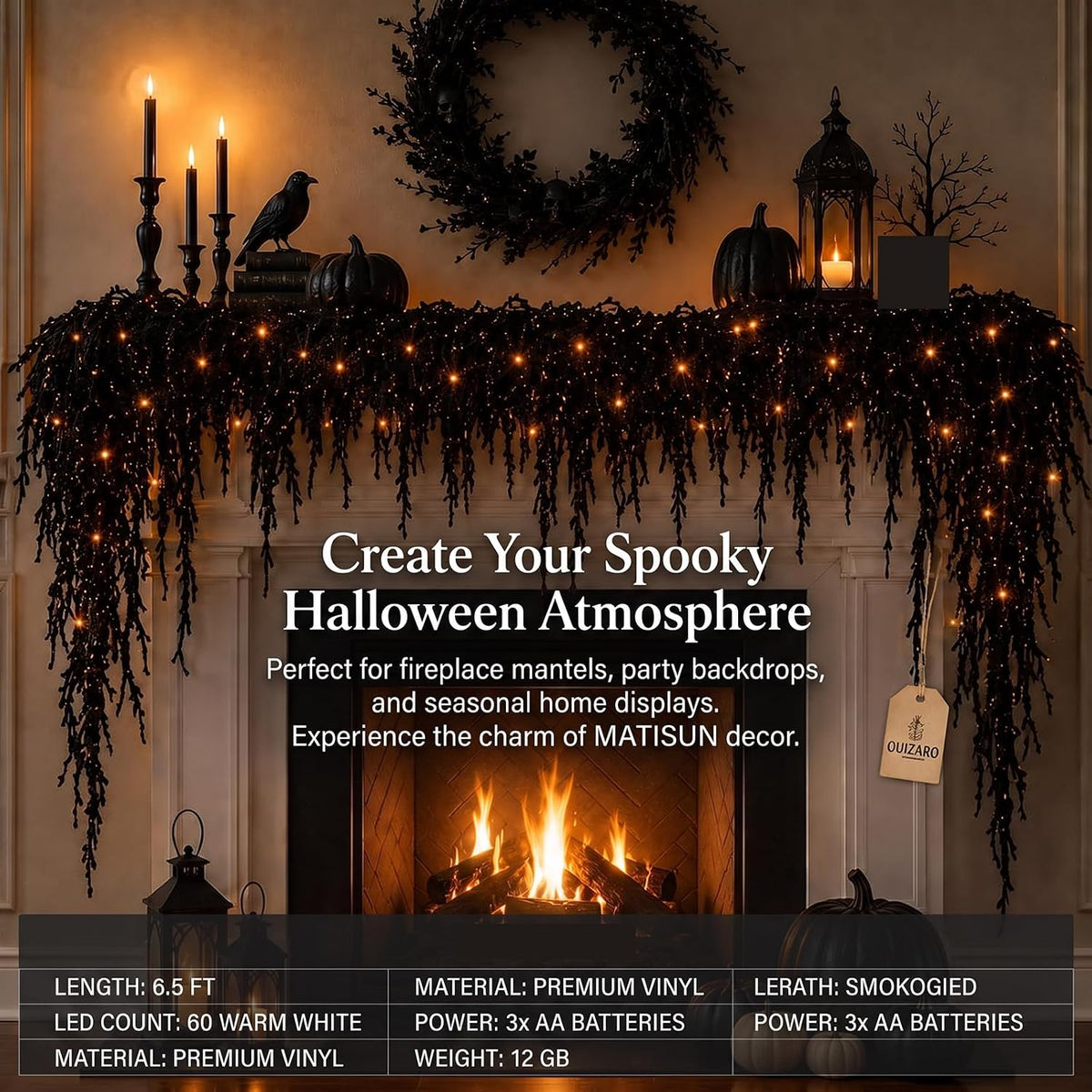 Halloween Garland with Lights Black Vine Mantel Decor (1.8M) Spooky Lighted Design Creates A Dark Holiday Atmosphere For Mantels, Stairs, Doors And Party Spaces.