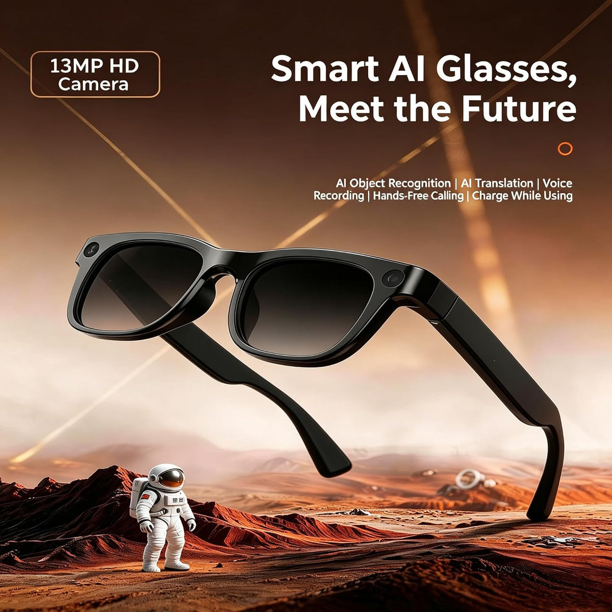 Smart AI Glasses with 13MP Camera, AI Translation, Voice Text, Bluetooth