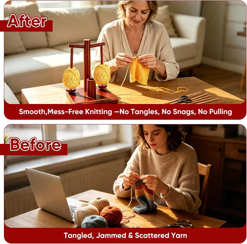 Wooden Yarn Holder for Crocheting and Knitting with Dual Magnetic Spindles