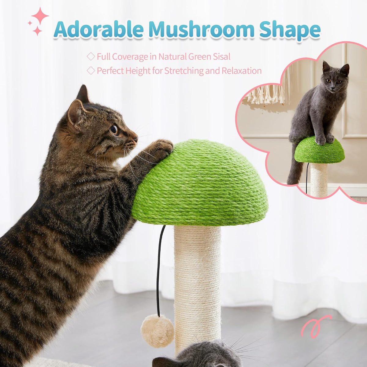 Made4Pets 20" Mushroom Cat Scratcher, Sisal Post with Track Ball Toy, Green