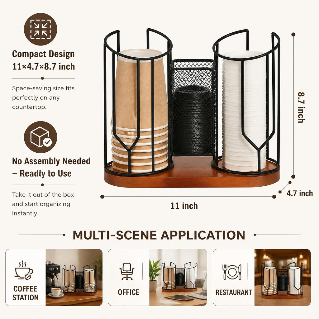 Coffee Cup and Lid Holder for Countertop, Disposable Coffee Organizer Station with Wooden Base