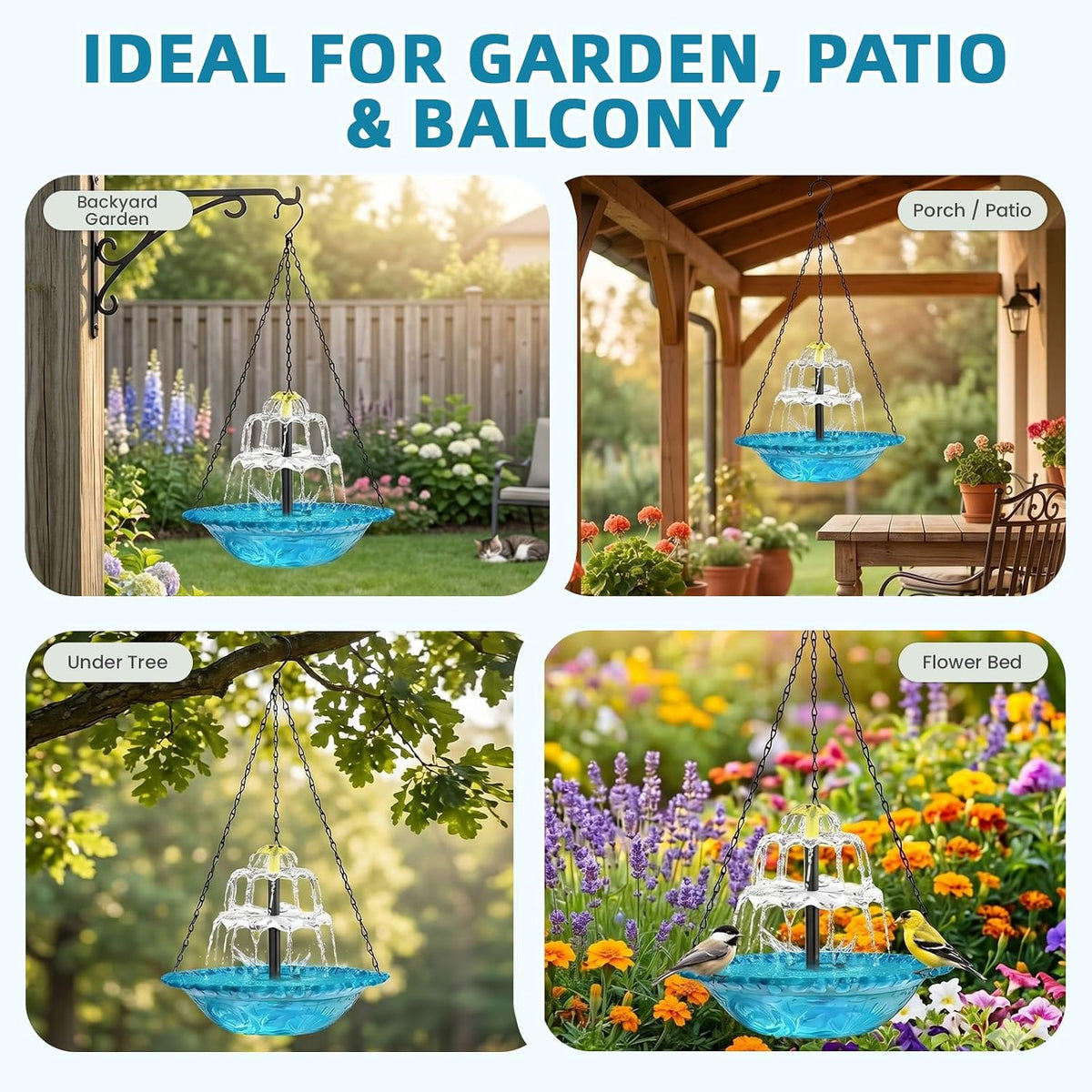 Solar Fountain Bird Bath Hanging Cascade Water Feature for Outdoor Garden & Yard Decor (Blue(XL))
