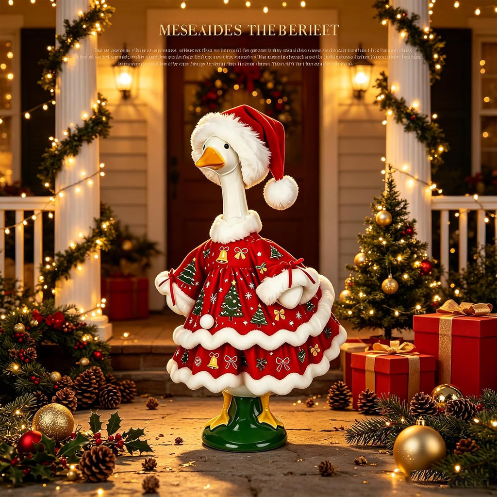 Christmas Porch Goose Outfit Green Fuzzy Costume Holiday Decor (#C) Festive Outdoor Style: Dress Your Porch Goose With A Green Costume For Christmas Displays And Seasonal Yard Decor