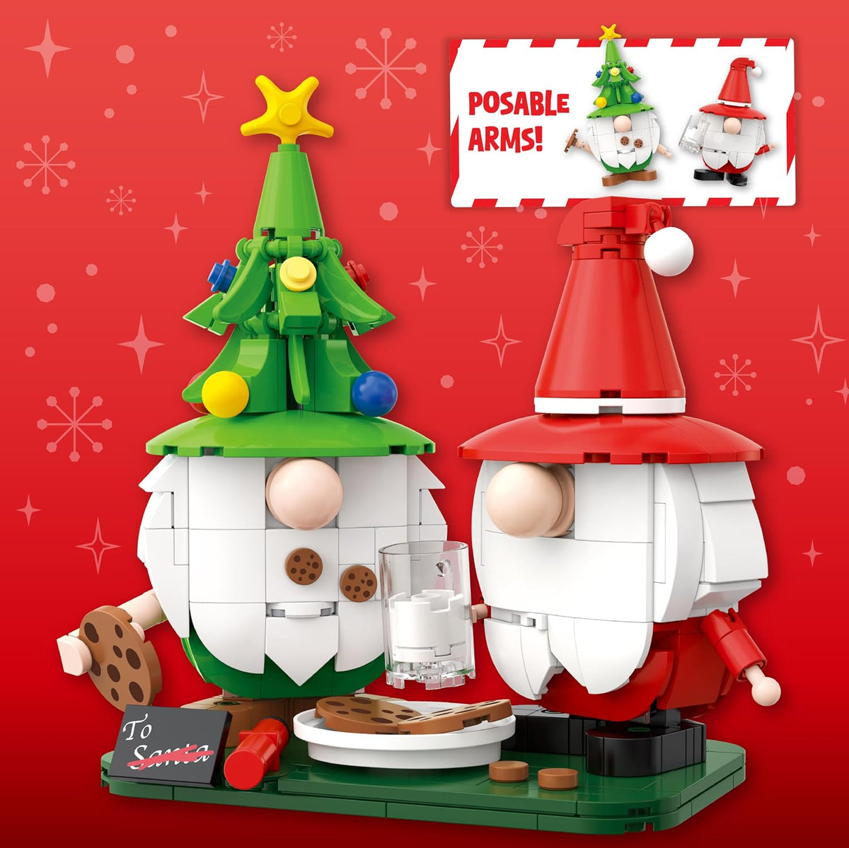 Holiday Gnomes Building Set, 385-Piece Christmas Gnome Decor with Cookies & Milk