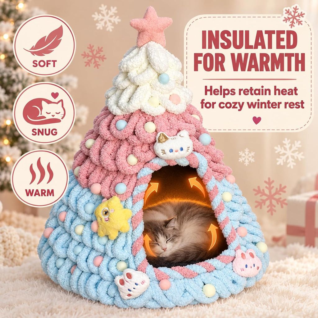 Christmas Tree Cat Bed Cave with Felt and Gauze，Pink