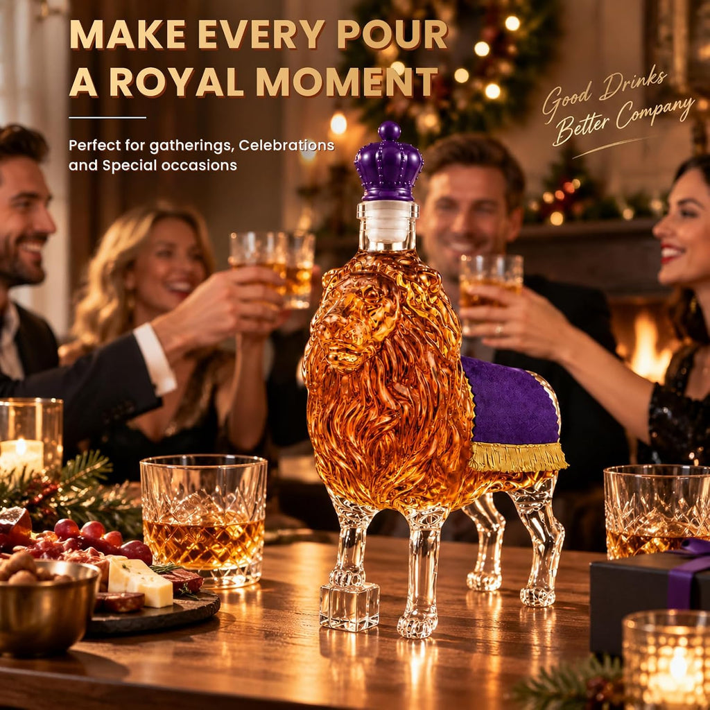 Lion Whiskey Decanter, 12 oz Royal Animal Glass Liquor Bottle with Crown