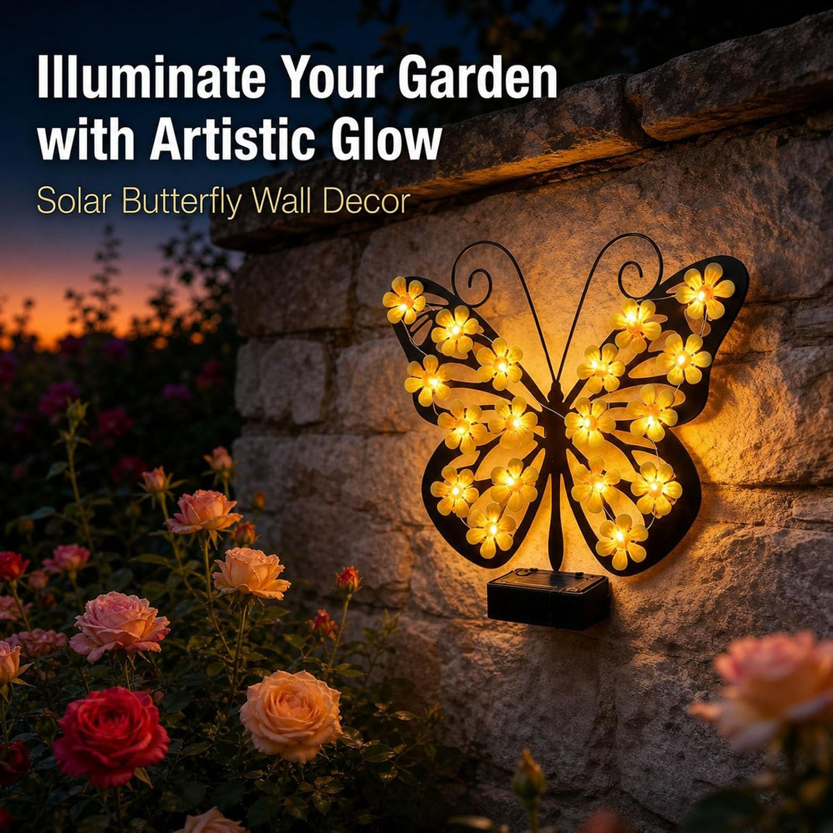 Solar Butterfly Wall Lights Outdoor, Solar Lights Outdoor Metal Butterfly Wall Decor, Warm Glow Patio Yard Decor Gift for Her (Yellow*2)