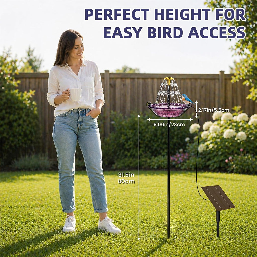 Solar Fountain Bird Bath with Stakes, Cascade Water Feature for Garden & Yard Decor (Purple)