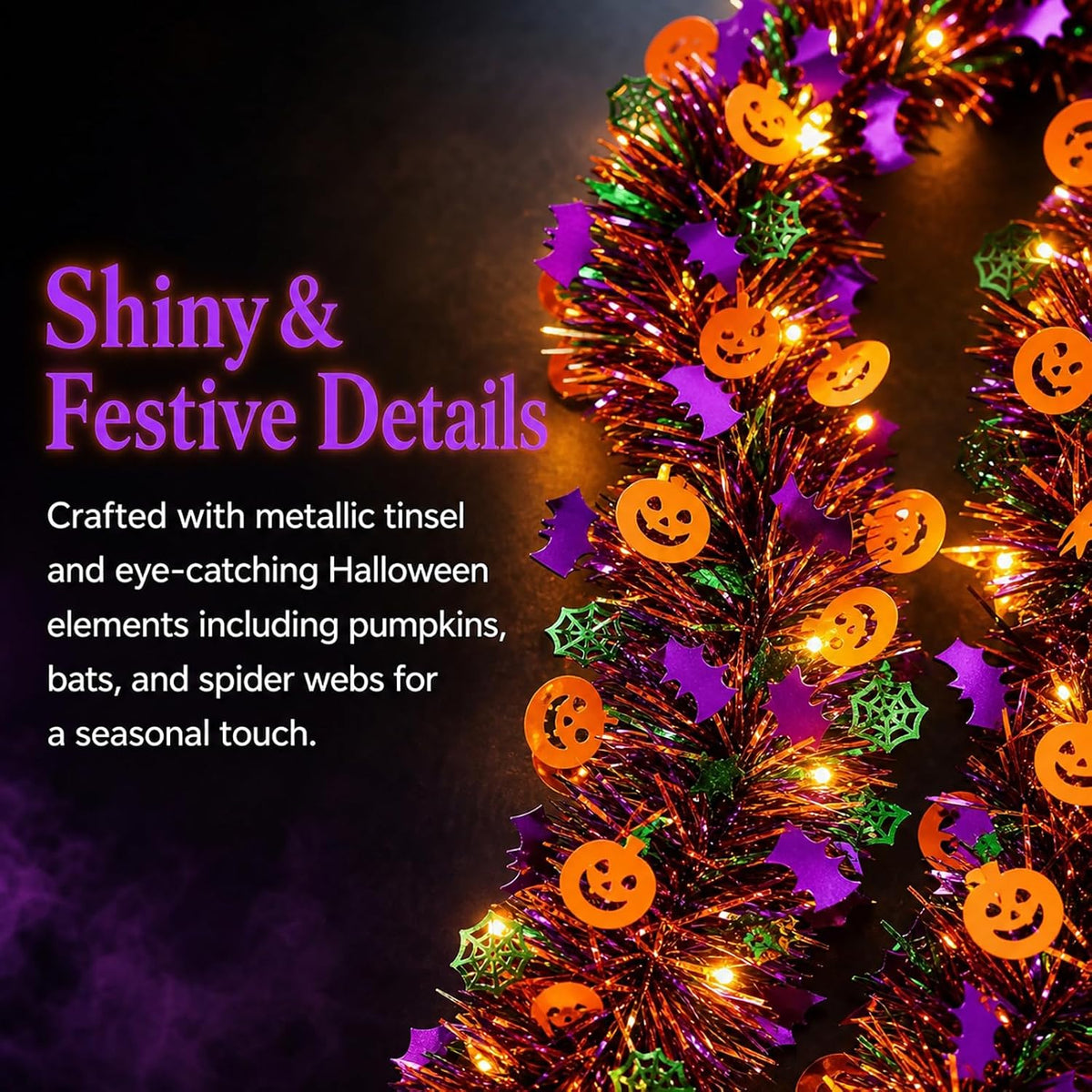 Halloween Garland Metallic Foil Tinsel with Pumpkin Bat Designs (Type 1,5.7M+40LED)