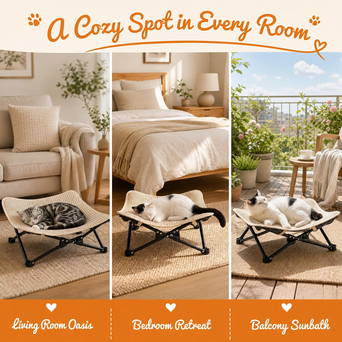 Elevated Cat Bed, Foldable Cat Hammock with Sisal Scratching Surface