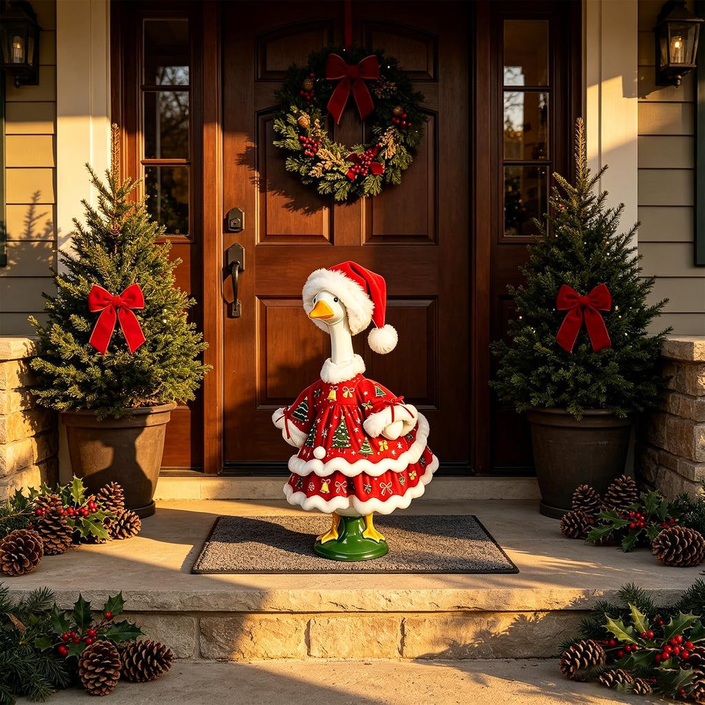 Christmas Porch Goose Outfit Green Fuzzy Costume Holiday Decor (#C) Festive Outdoor Style: Dress Your Porch Goose With A Green Costume For Christmas Displays And Seasonal Yard Decor