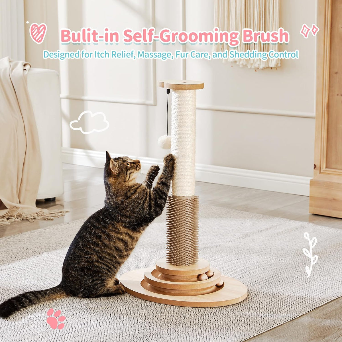 Made4Pets Cat Scratching Post, 23" Indoor Cat Scratcher with Self-Groomer