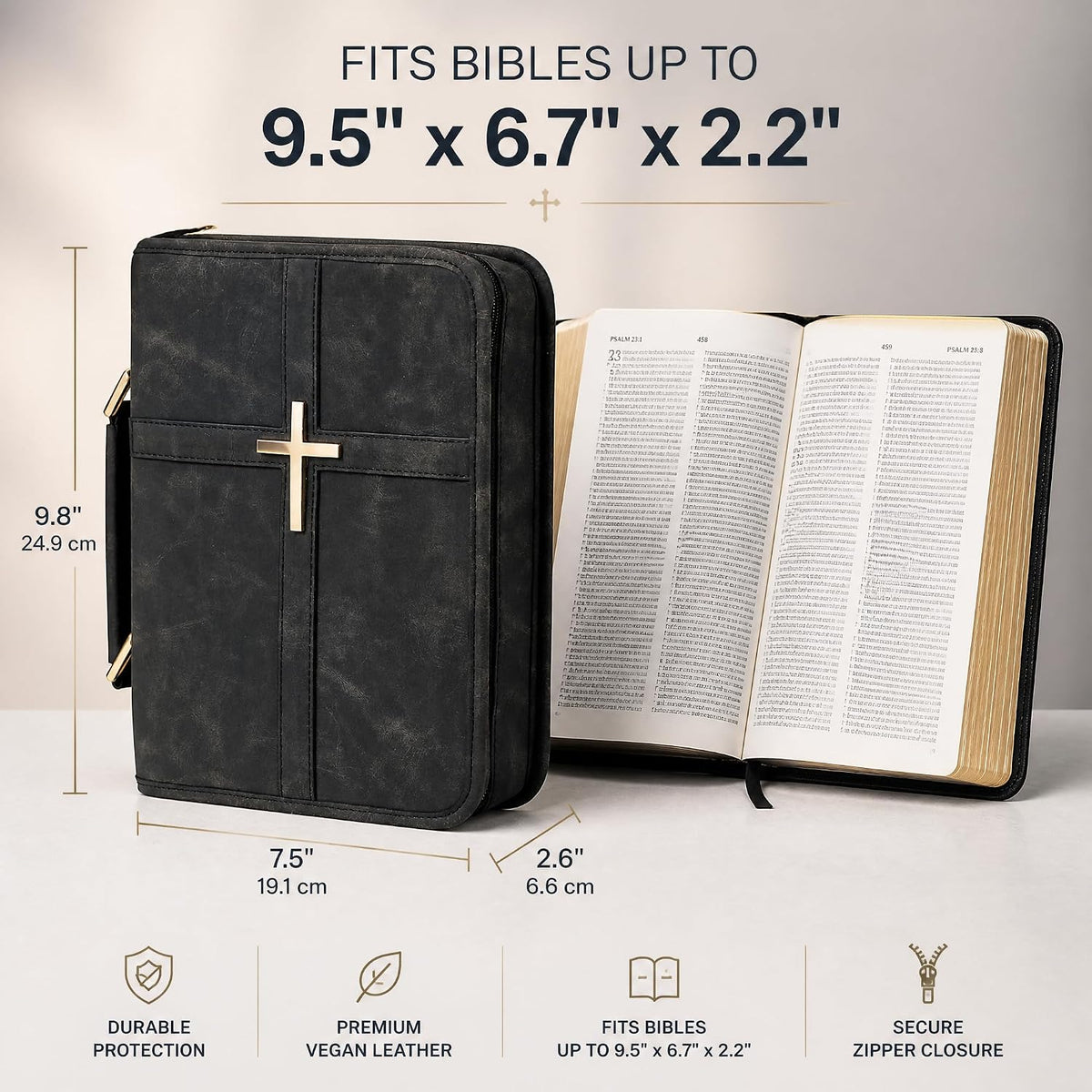 Vegan Leather Bible Cover for Men Women, Black Bible Case with Zipper Handle