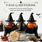 Vintage Witch Hat Spice Jars Set, Gothic Apothecary Glass Seasoning Containers