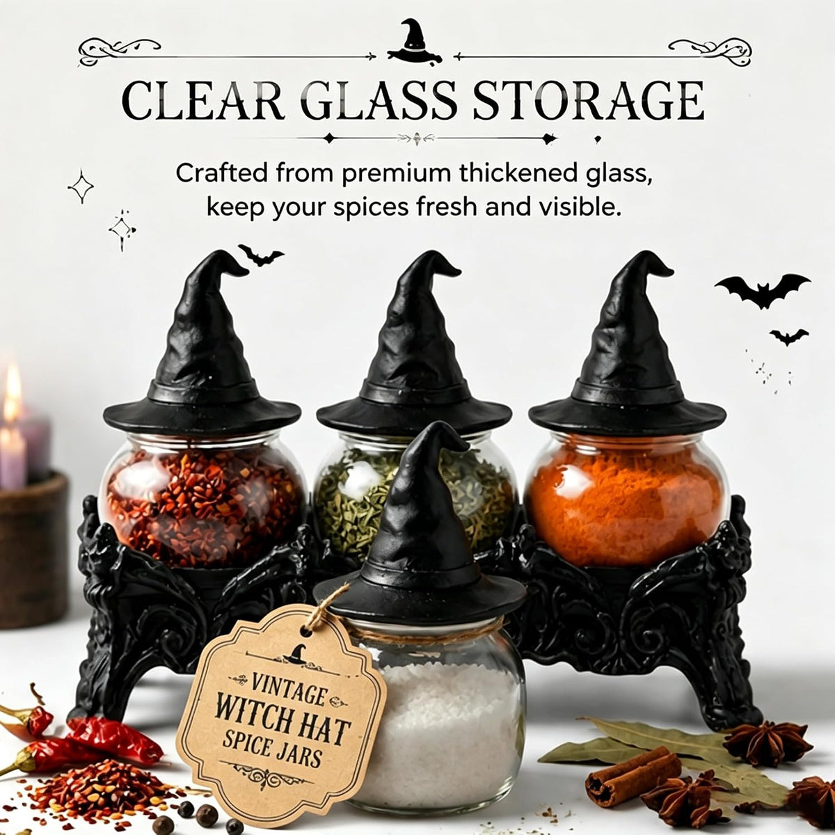 Vintage Witch Hat Spice Jars Set, Gothic Apothecary Glass Seasoning Containers