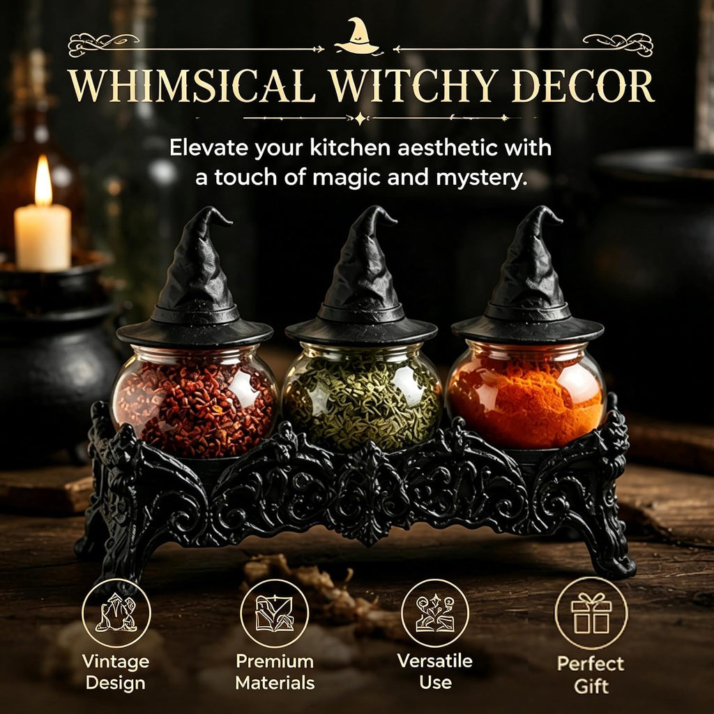Vintage Witch Hat Spice Jars Set, Gothic Apothecary Glass Seasoning Containers